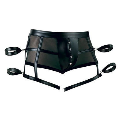 Black leather harness with attached straps on a white background