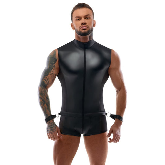 Man wearing a black sleeveless top and shorts set on a white background