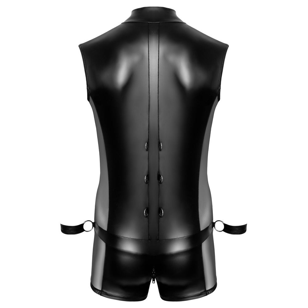 Black leather vest and shorts set on a white background