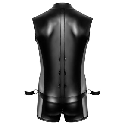 Black leather vest and shorts set on a white background