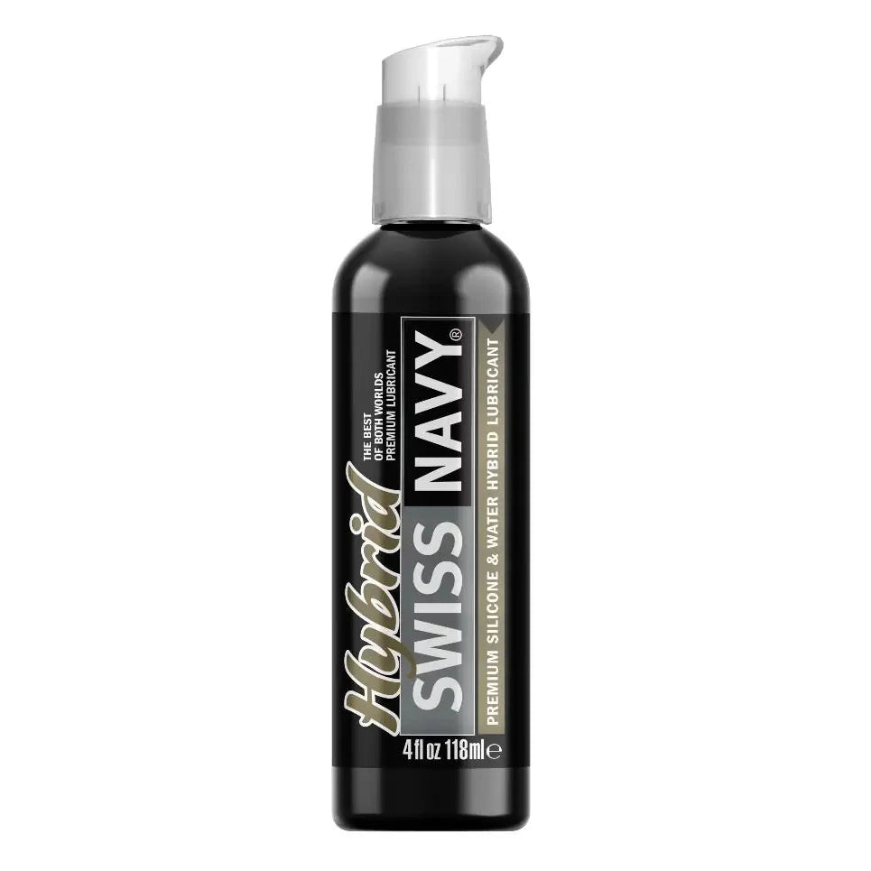 Black bottle of Swiss Navy lubricant on a white background