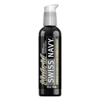 Black bottle of Swiss Navy lubricant on a white background