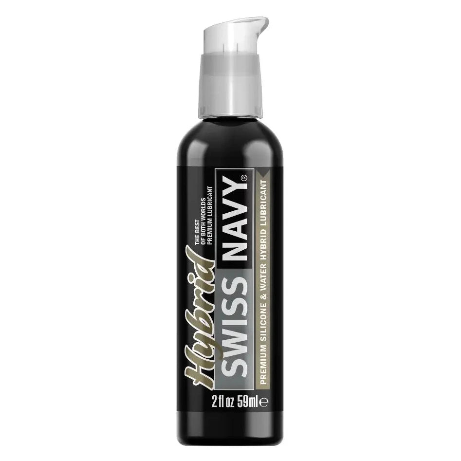 Black bottle of Swiss Navy lubricant on a white background