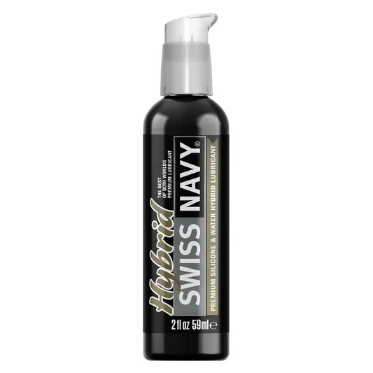 Black bottle of Swiss Navy lubricant on a white background