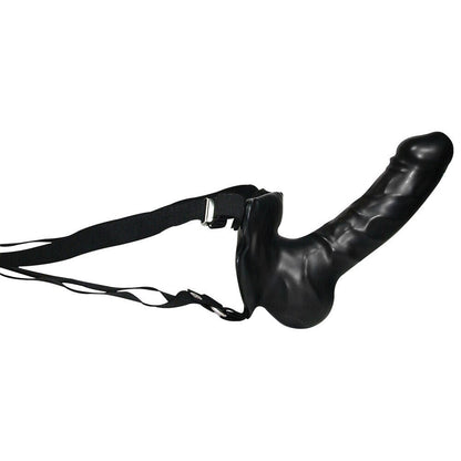 Black strap-on dildo with a strap on a white background