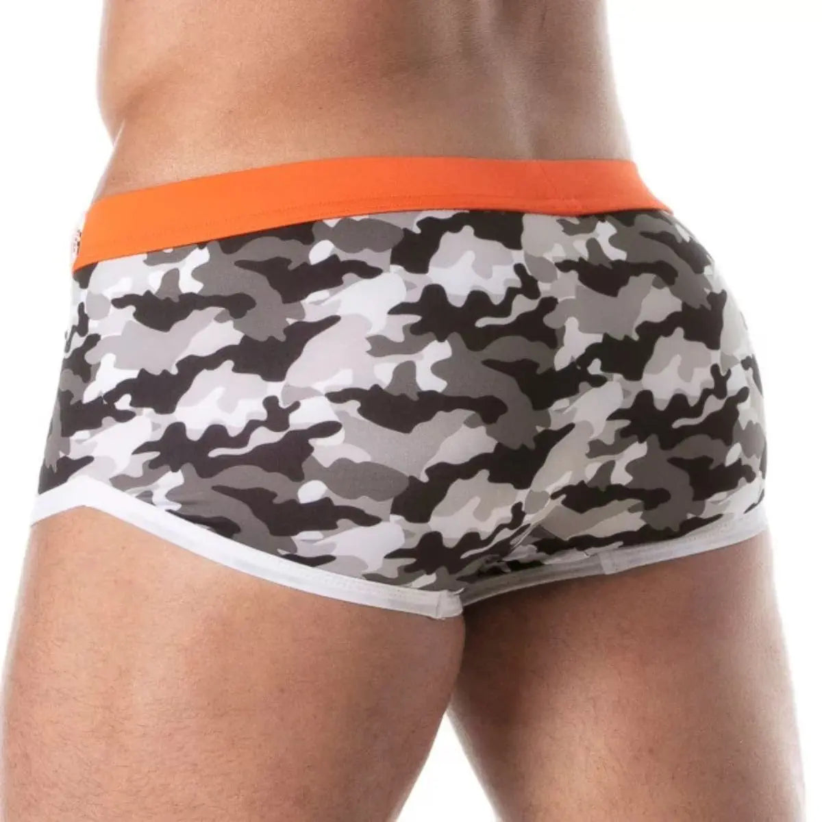 Camouflage-patterned underwear with orange waistband on a white background