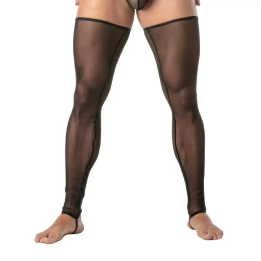 Black sheer stockings worn by a person on a white background