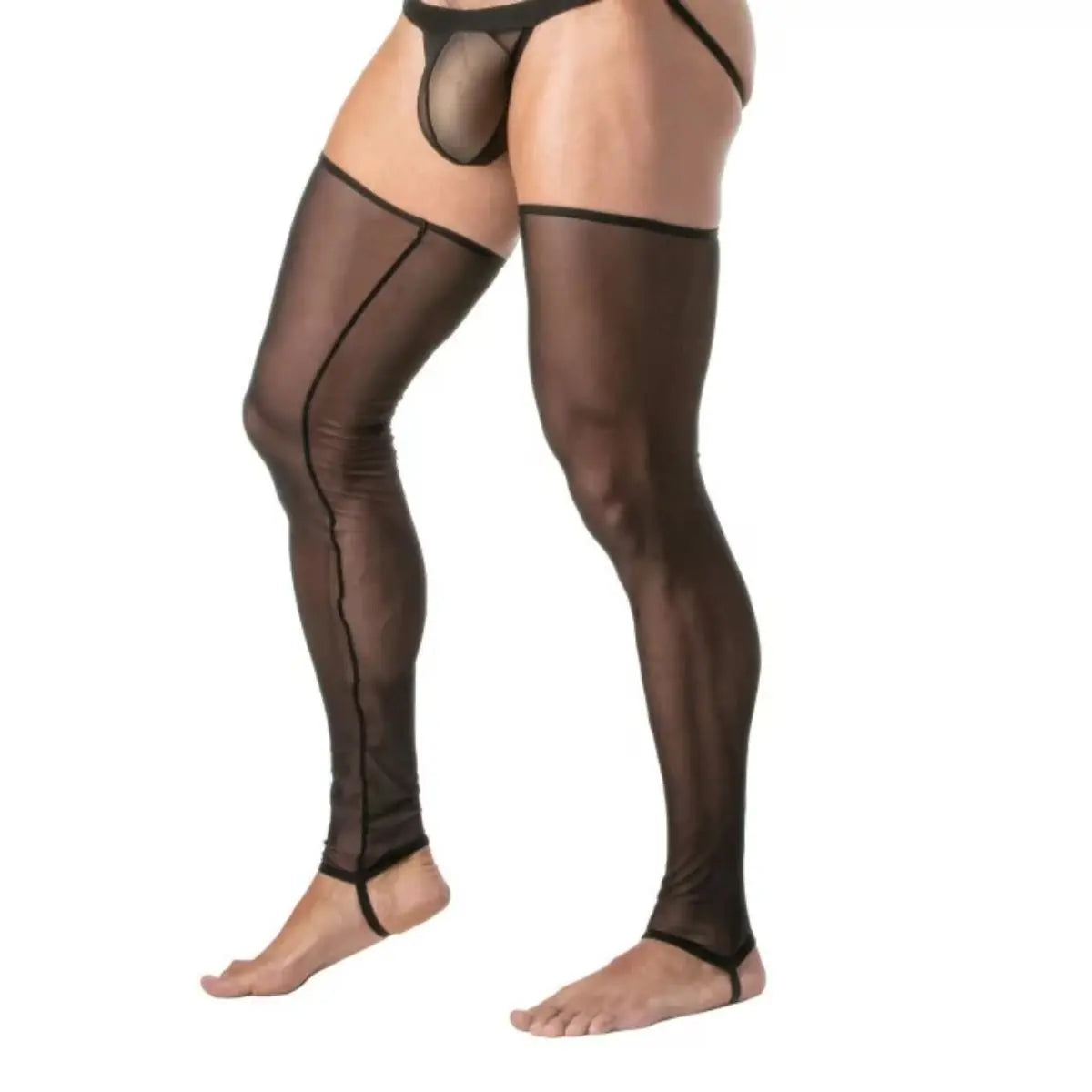 Black sheer stockings worn by a person on a white background