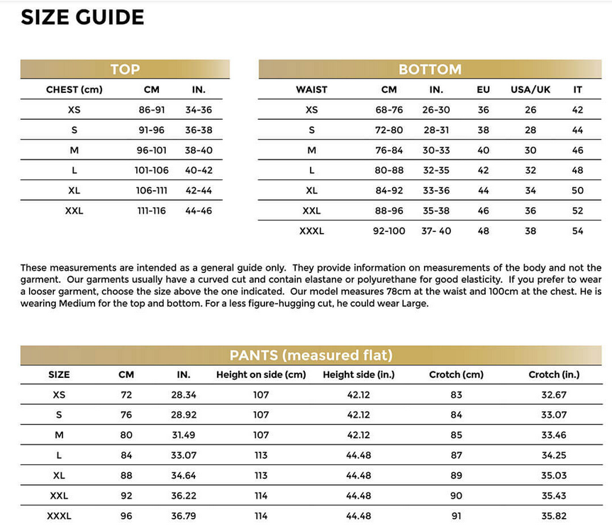 Size guide chart for tops and bottoms with measurements in centimeters and inches.