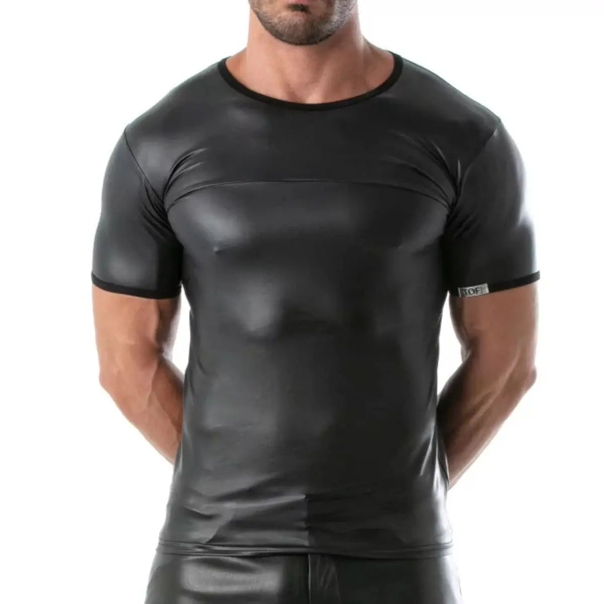 Man wearing a black leather-like outfit on a white background