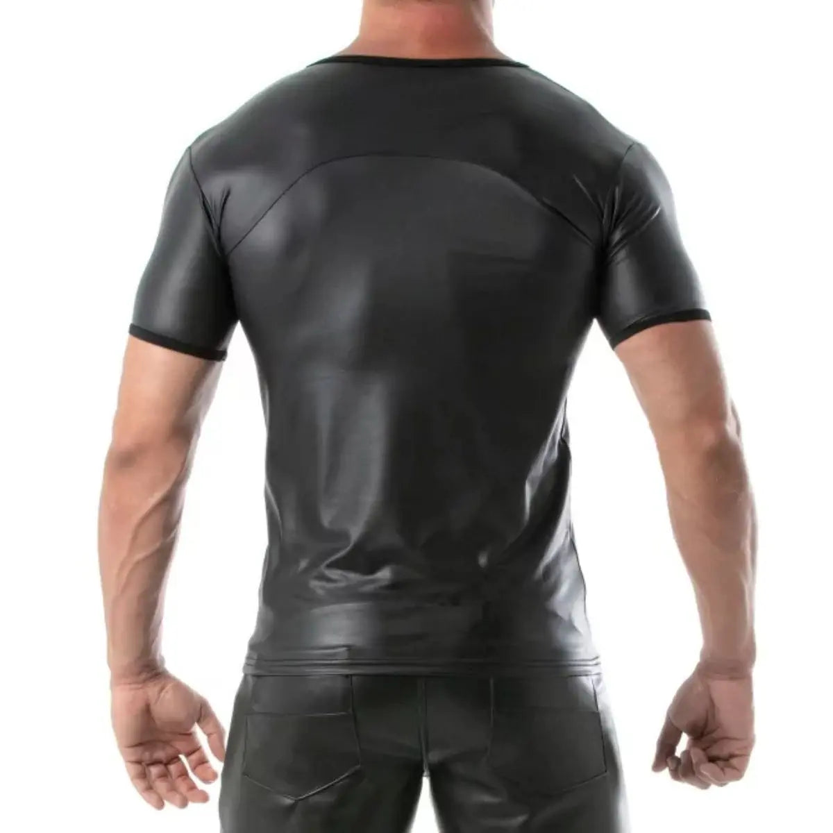 Person wearing a black leather outfit on a white background