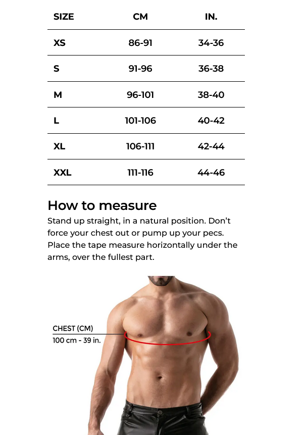 Size chart for men's clothing with measurements in centimeters and inches, and a visual guide on how to measure chest size.