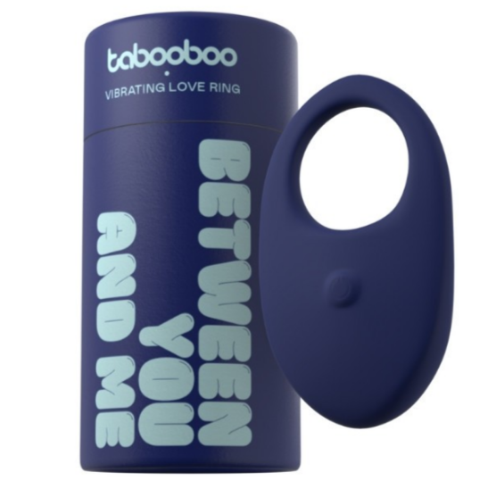 Blue vibrating love ring with 'tabooboo' branding and text on a white background