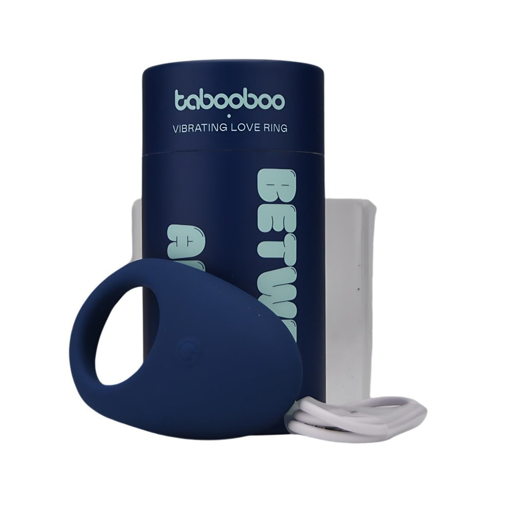 Blue vibrating love ring with packaging on a white background