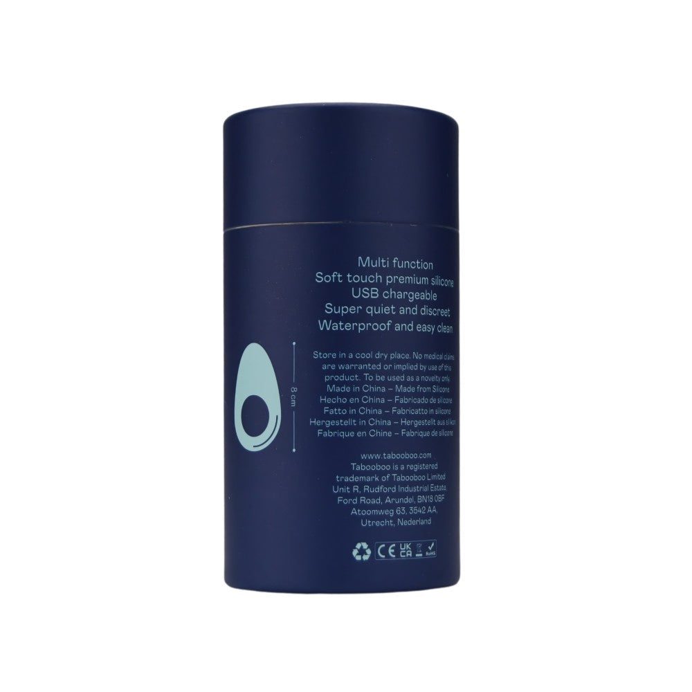 Navy blue cylindrical container with text on a white background
