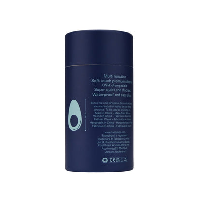 Navy blue cylindrical container with text on a white background