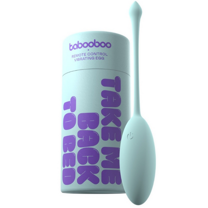 Light blue remote control vibrating egg with packaging labeled 'tabooboo' on a white background