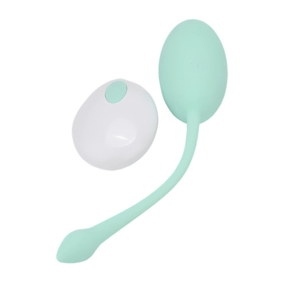 Mint green and white love egg vibrator on a white background