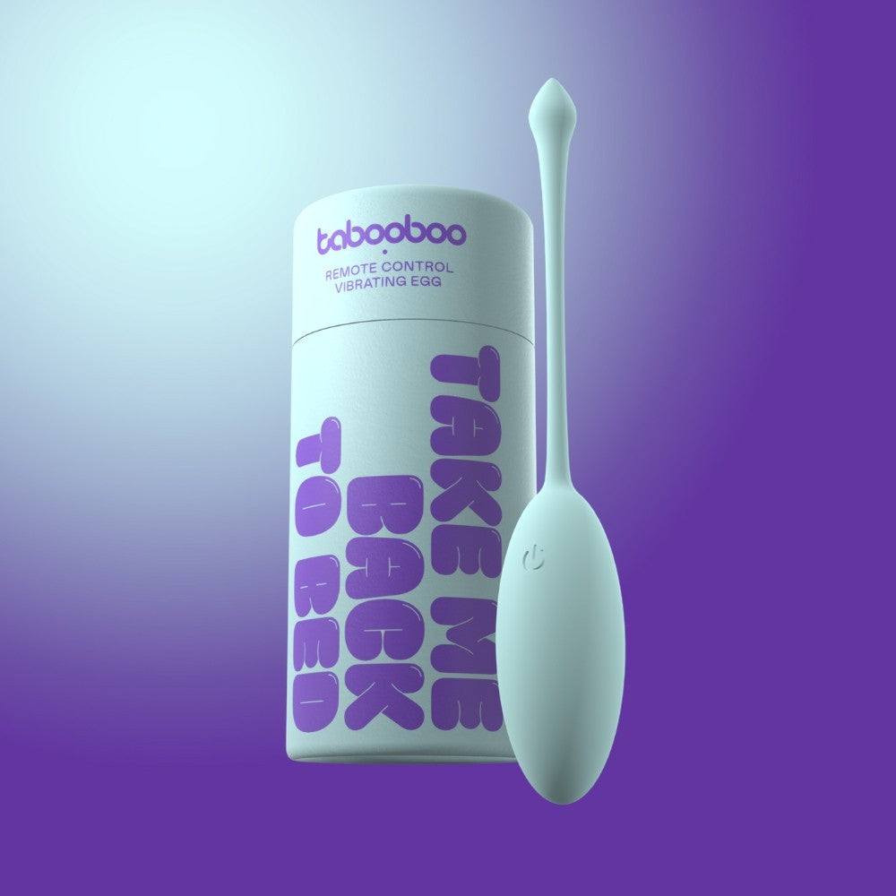 White remote control vibrating egg with packaging on a purple gradient background