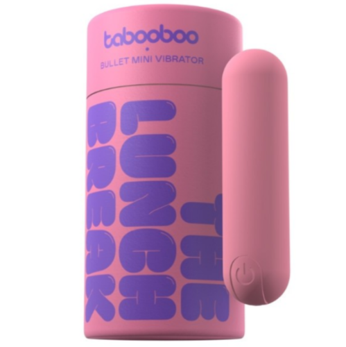 Pink bullet mini vibrator with purple text on a white background