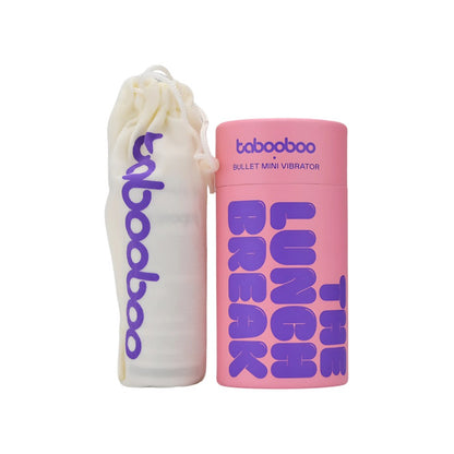 Pink bullet mini vibrator with 'tabooboo' branding and a white drawstring bag on a white background.