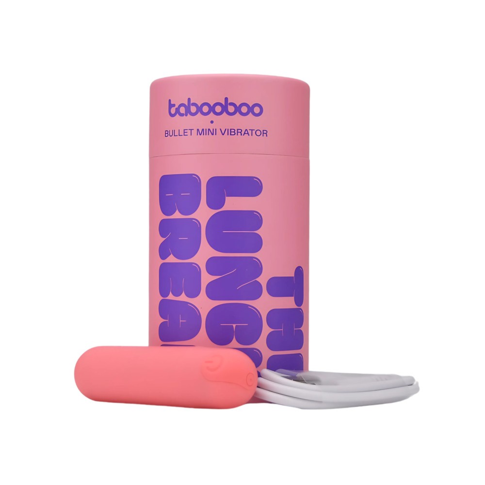Pink bullet mini vibrator with packaging on a white background
