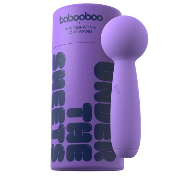 Purple mini vibrating love wand with packaging on a white background