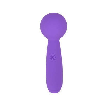 Purple handheld massager with a power symbol on a white background