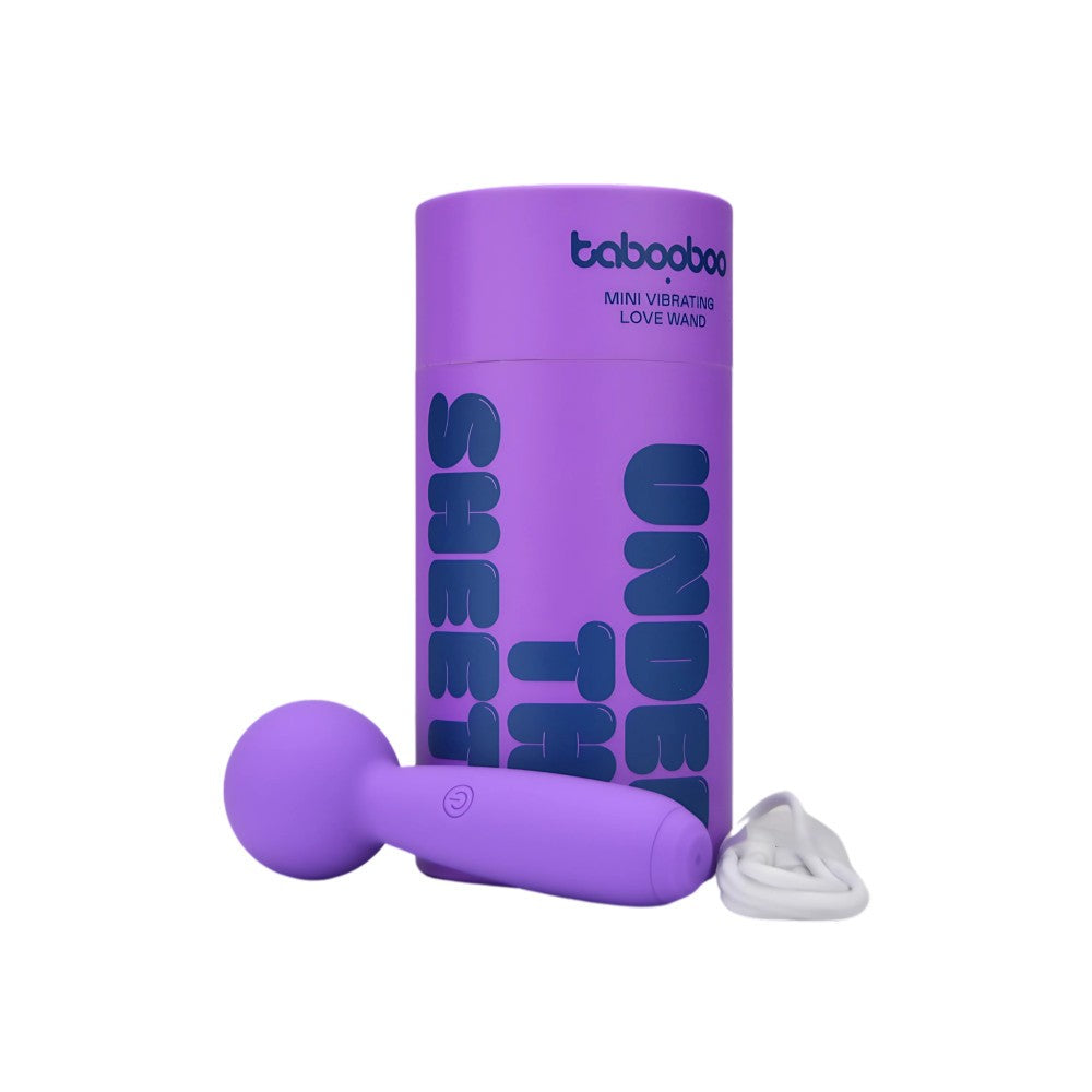 Purple mini vibrating love wand with packaging on a white background