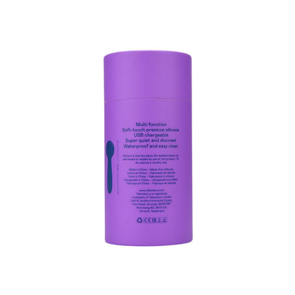 Purple cylindrical product with text on a white background