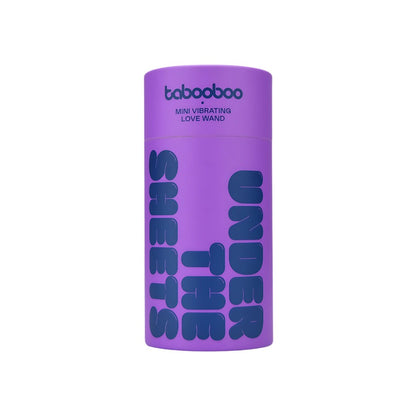 Purple cylindrical container with blue text on a white background