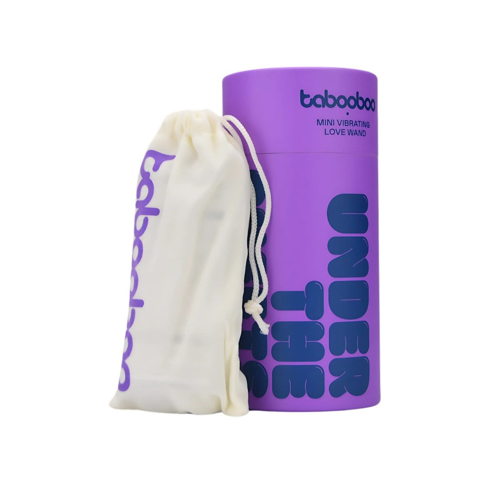 Purple cylindrical container with 'Tababoo' branding and a white drawstring bag on a white background