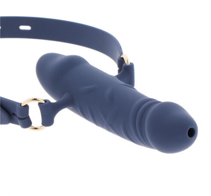 Blue silicone sex toy with gold hardware on a white background