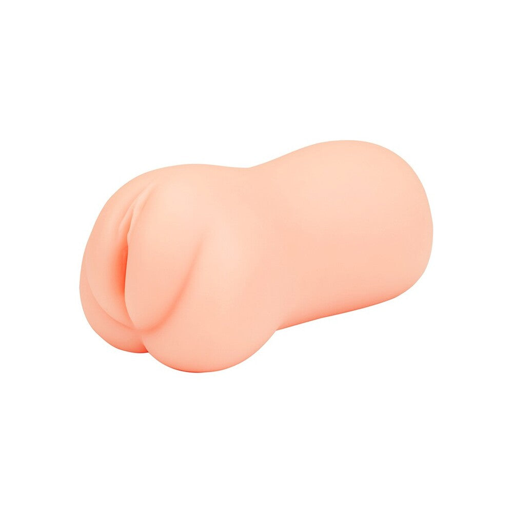 Pink silicone vagina form on a white background