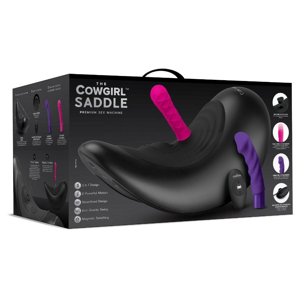 Box packaging of 'The Cowgirl Saddle' premium sex machine with black and purple design.