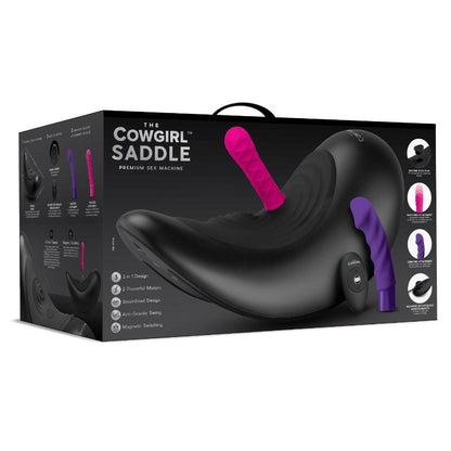 Box packaging of 'The Cowgirl Saddle' premium sex machine with black and purple design.