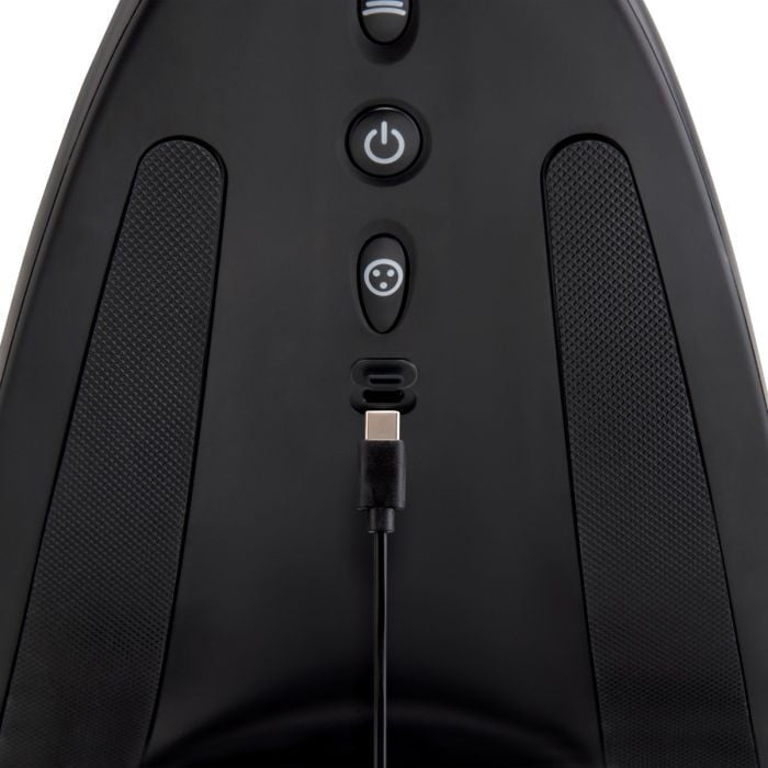 Black sex machine with power button and USB cable on a white background