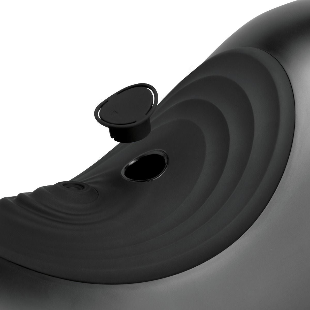Close-up of a black sex machine with a white background