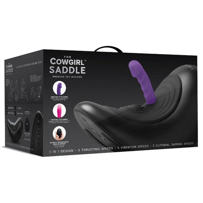 Box of 'The Cowgirl Saddle' premium sex machine with a purple component on a white background