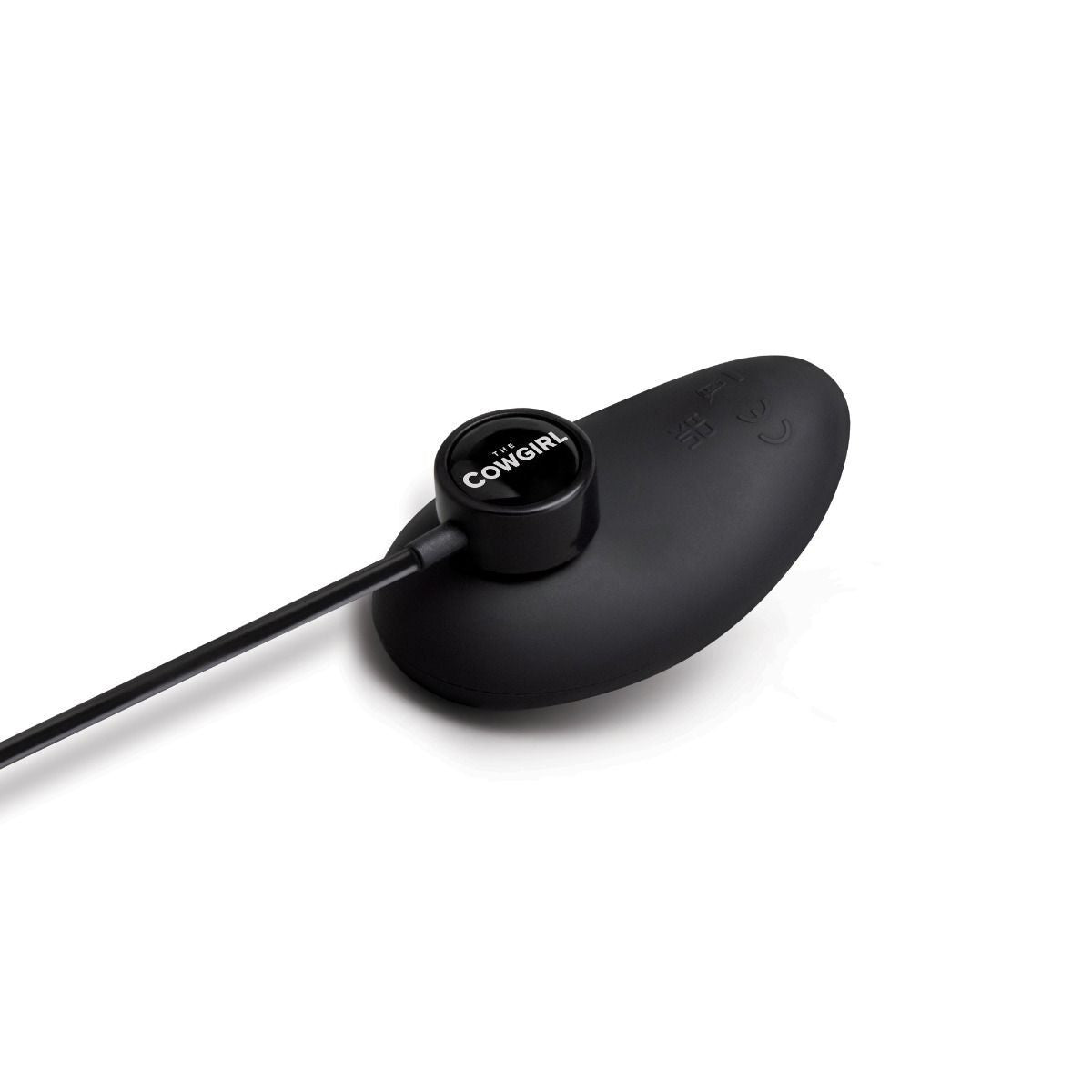 Black sex toy with 'The Cowgirl' branding on a white background
