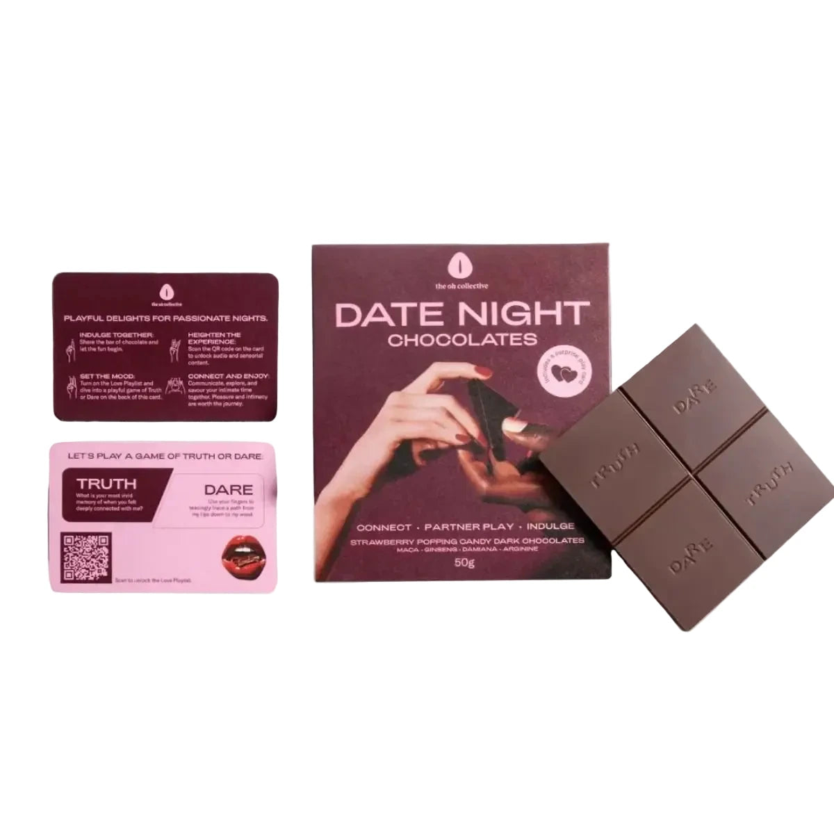 Date Night Chocolates packaging with chocolate bars on a light gray background