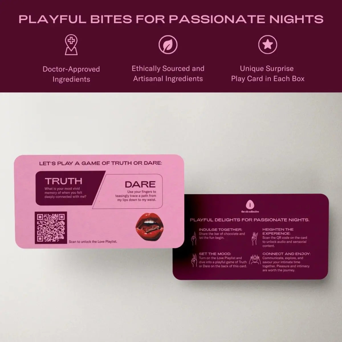 Two playing cards with text and graphics on a gray background