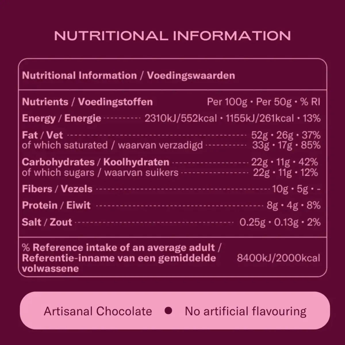 Nutritional information label for artisanal chocolate on a dark purple background