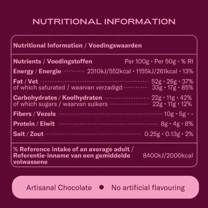 Nutritional information label for artisanal chocolate on a dark purple background