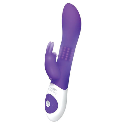 Purple and white vibrating rabbit with a textured handle on a white background