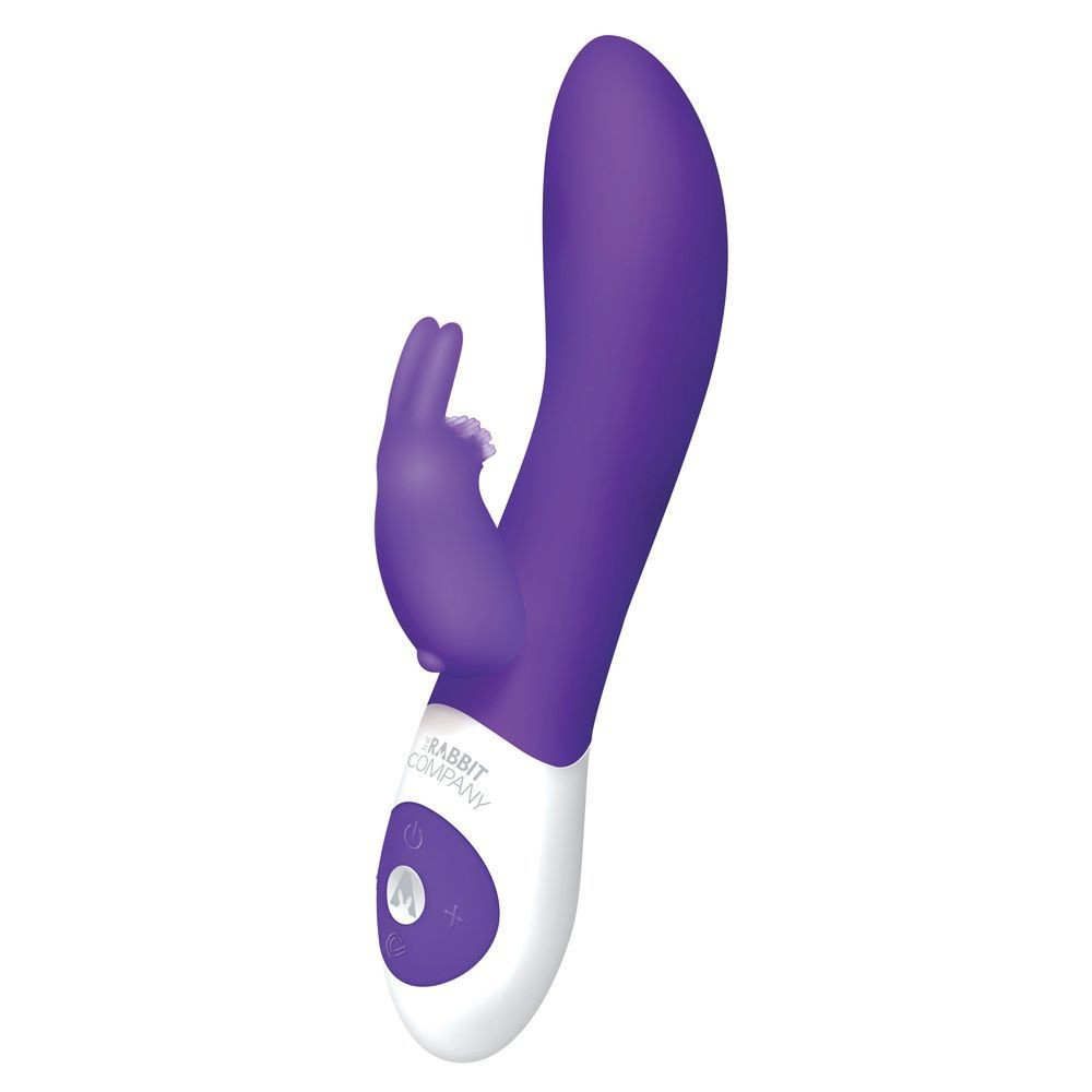 Purple and white rabbit-shaped sex toy on a white background