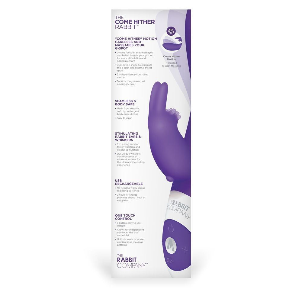 Product packaging for a purple rabbit-shaped massager with text on a white background