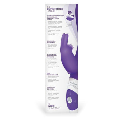 Product packaging for a purple rabbit-shaped massager with text on a white background