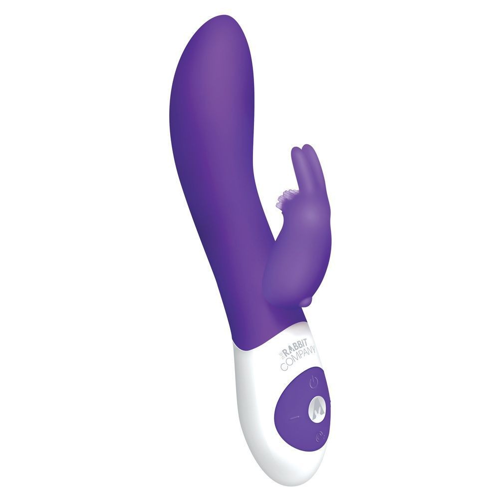 Purple and white sex toy with 'Rabbit Company' branding on a white background