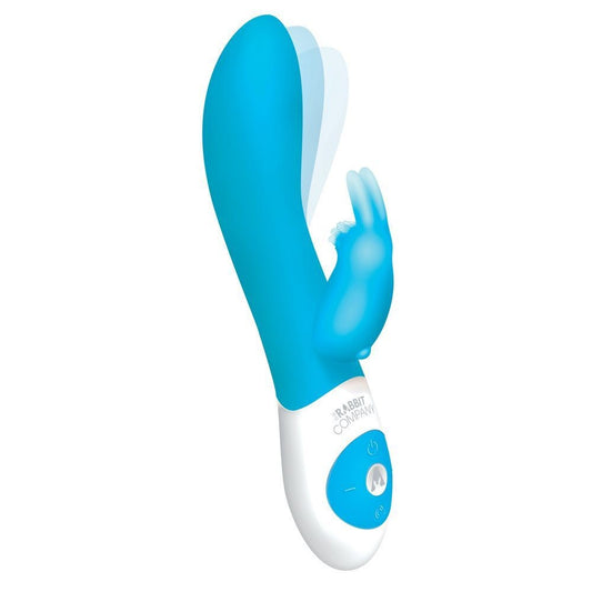 Blue and white vibrating rabbit massager on a white background
